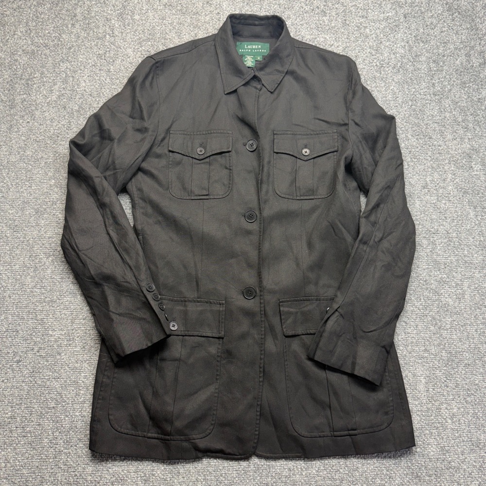 Lauren Ralph Lauren Black 100% Silk Safari Field Jacket Utility Pocket Womens M